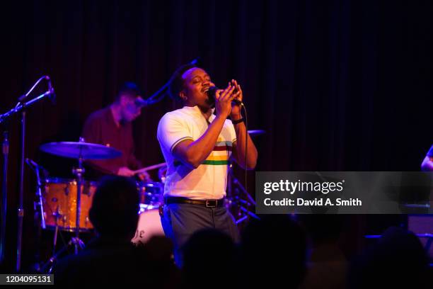 Durand Jones of Durand Jones and The Indications performs at WorkPlay on February 04, 2020 in Birmingham, Alabama.