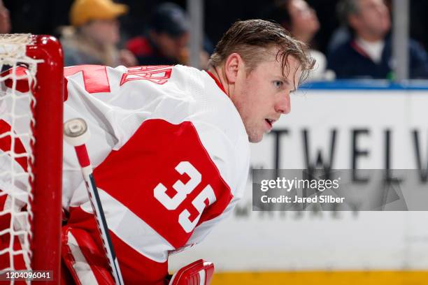 Jimmy Howard of the Detroit Red Wings tends the net against the New York Rangers at Madison Square Garden on January 31, 2020 in New York City.