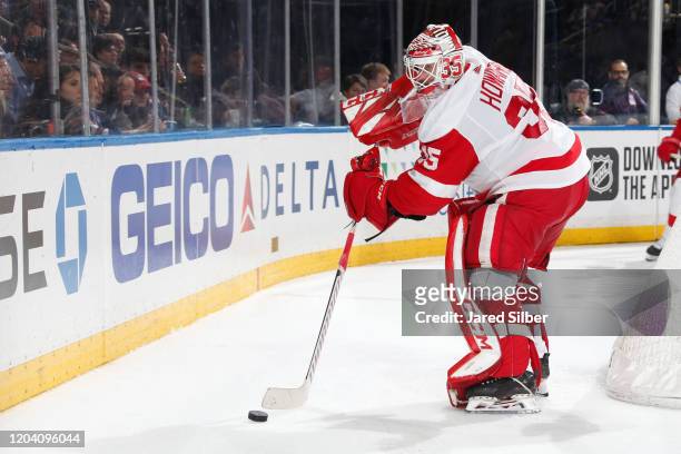 Jimmy Howard of the Detroit Red Wings tends the net against the New York Rangers at Madison Square Garden on January 31, 2020 in New York City.