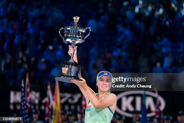 Sofia Kenin of USA celebrates at the trophy presentation ceremony after winning the women's singles final match against Garbine Muguruza of Spain on...