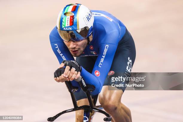 Italian Filippo Ganna competes in the men's individual pursuit final at the UCI track cycling World Championship at the velodrome in Berlin on...