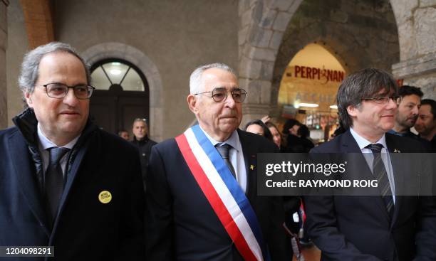 Catalonia's regional president Quim Torra, Perpignan mayor Jean-Marc Pujol and European Member of Parliament and former Catalan president Carles...