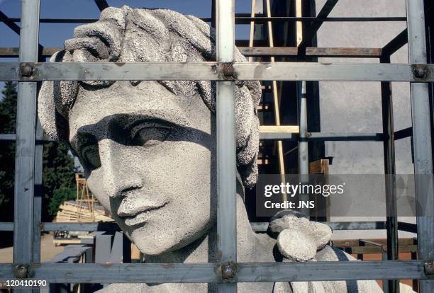 Theatre of Syracuse in Sicily, Italie in 1988 - Face, sculpture, the stage set of the greek theatre.