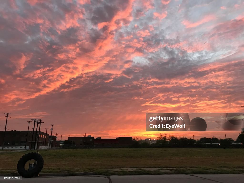 A dramatic red sunset over Dallas Texas.