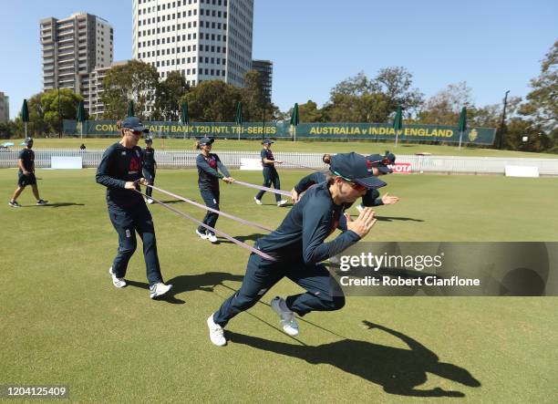 England players warm up during an England Women's training session at Junction Oval on February 05, 2020 in Melbourne, Australia.