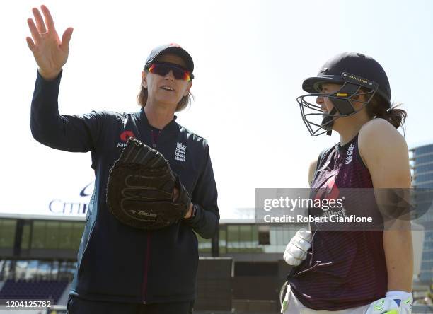 England coach Lisa Keightley speaks with Fran Wilson during an England Women's training session at Junction Oval on February 05, 2020 in Melbourne,...