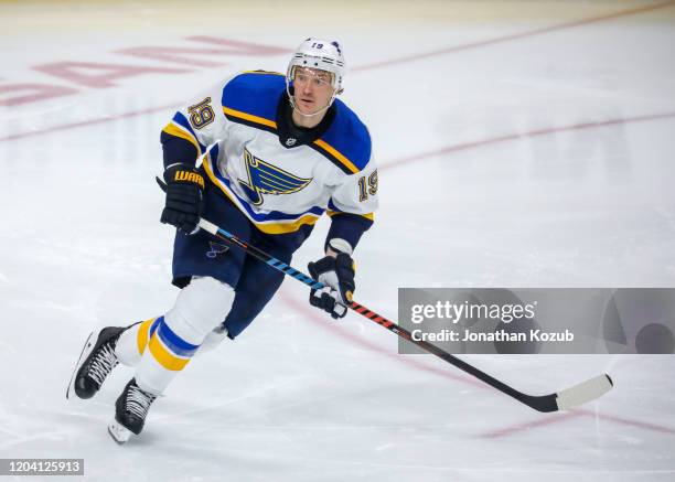 Jay Bouwmeester of the St. Louis Blues follows the play down the ice during third period action against the Winnipeg Jets at the Bell MTS Place on...