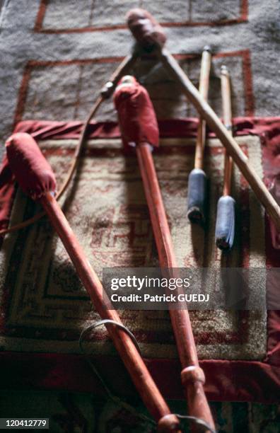 Shamanic Drum Beater, Temple Damba Darjalan In Mongolia In 1999 - The mallet is a drumstick. The Buddhist temple of Damba Lamaist Darjalan is located...