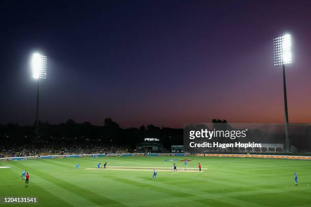 General view of play during game one of the One Day International Series between New Zealand and India at Seddon Park on February 05, 2020 in...