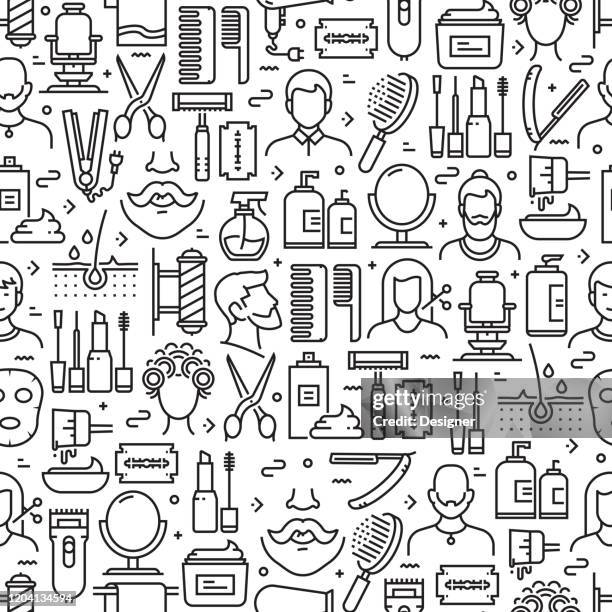 barber shop related seamless pattern and background with line icons. editable stroke - beard icon stock illustrations