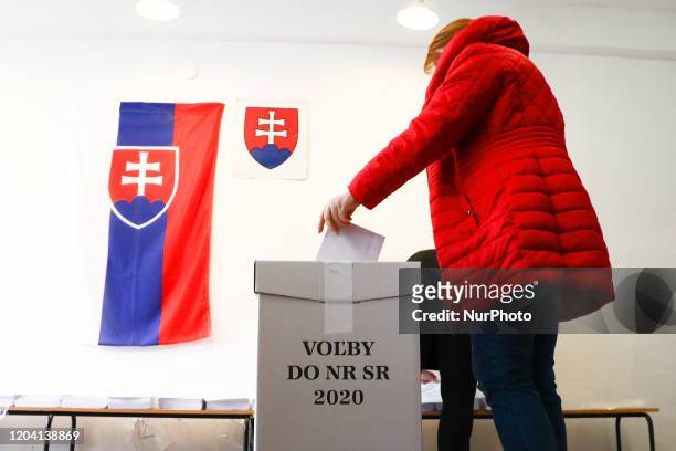 People are voting during parliamentary election at the polling station in Trnava, Slovakia on 29 February, 2020.