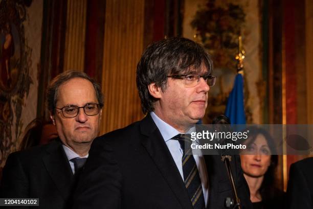 European Member of Parliament and former Catalan president Carles Puigdemont , and Catalonia's regional president Quim Torra give a press conference...