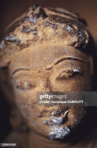 Detail of a sculpture in Lakshmana temple in Khajuraho , India - Book "Fleur de peau", p.264 Serene expression of a sculpture in Lakshmana temple, in...