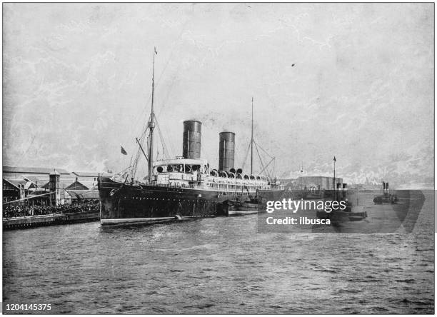 antique photograph of the british empire: departure of the rms campania from liverpool landing stage - campania stock illustrations