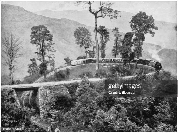 antique photograph of the british empire: the loop, agony point, darjeeling railway - darjeeling stock illustrations
