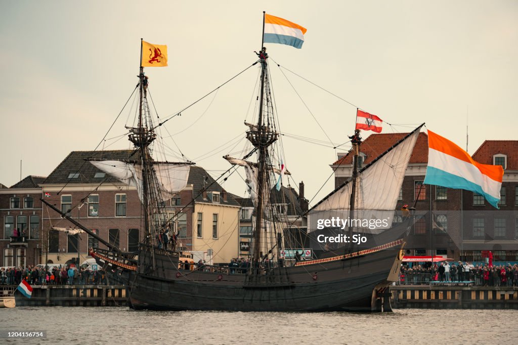 Old VOC sailing ship Halve Maen at the river IJssel during the 2018 Sail Kampen event