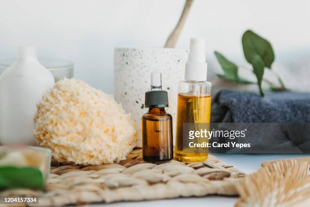 organic spa bathroom items - aromatherapy imagens e fotografias de stock