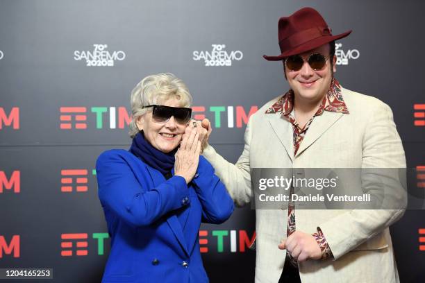 Caterina Caselli and Raphael Gualazzi attends a photocall at the 70° Festival di Sanremo at Teatro Ariston on February 05, 2020 in Sanremo, Italy.