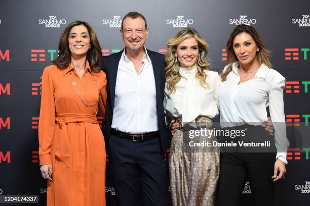 Emma D'Aquino, Amadeus, Laura Chimenti and Sabrina Salerno attend a photocall at the 70° Festival di Sanremo at Teatro Ariston on February 05, 2020...