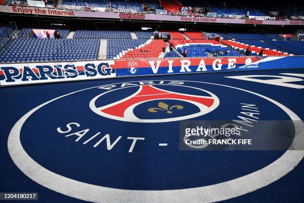 Picture taken at the Parc des Princes stadium in Paris, on February 29, 2020 shows the Paris Saint-Germain's logo before the Ligue 1 football match...