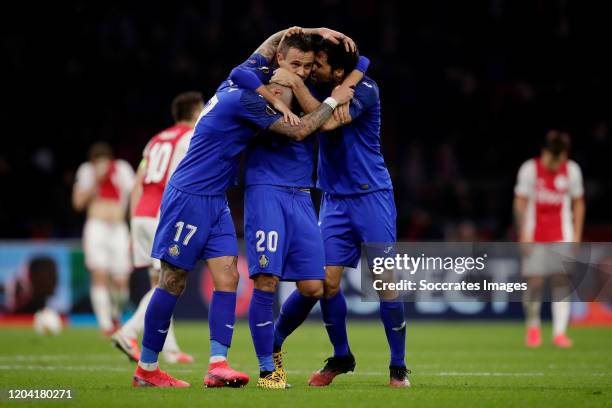 Mathias Olivera of Getafe, Nemanja Maksimovic of Getafe, Xabier Etxeitia of Getafe celebrates the victory during the UEFA Europa League match between...