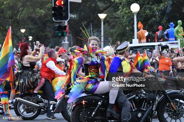 Participants perform during the 2020 Sydney Gay &amp; Lesbian Mardi Gras Parade on February 29, 2020 in Sydney, Australia. It is an annual event...