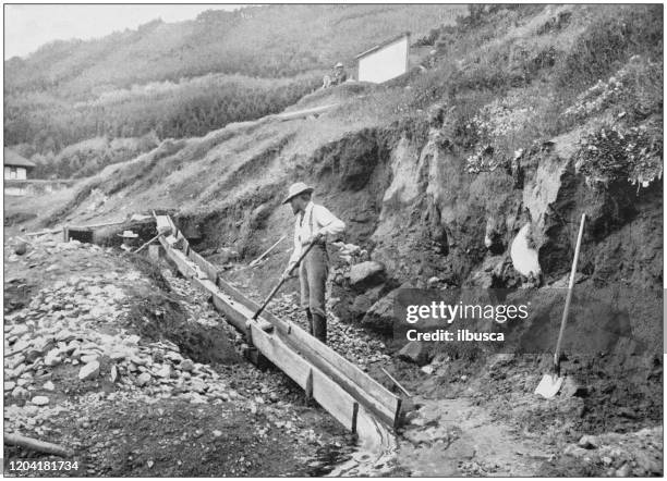 antique photograph of the british empire: gold washing, yale, british columbia - gold panning stock illustrations