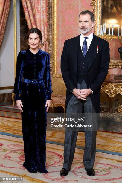 King Felipe VI of Spain and Queen Letizia of Spain receive the Diplomatic Corps at the Zarzuela Palace on February 05, 2020 in Madrid, Spain.