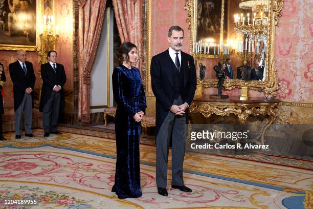 King Felipe VI of Spain and Queen Letizia of Spain receive the Diplomatic Corps at the Zarzuela Palace on February 05, 2020 in Madrid, Spain.