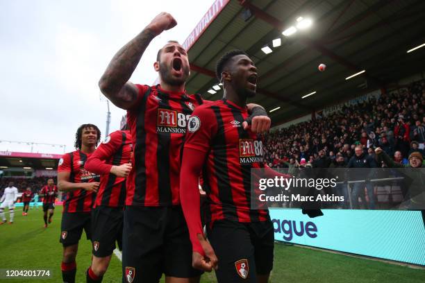 Jefferson Lerma of AFC Bournemouth celebrates scoring their 1st goal with Steve Cook during the Premier League match between AFC Bournemouth and...