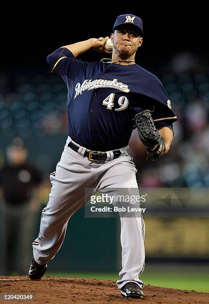 Pitcher Yovani Gallardo of the Milwaukee Brewers throws against the Houston Astros at Minute Maid Park on August 5, 2011 in Houston, Texas.