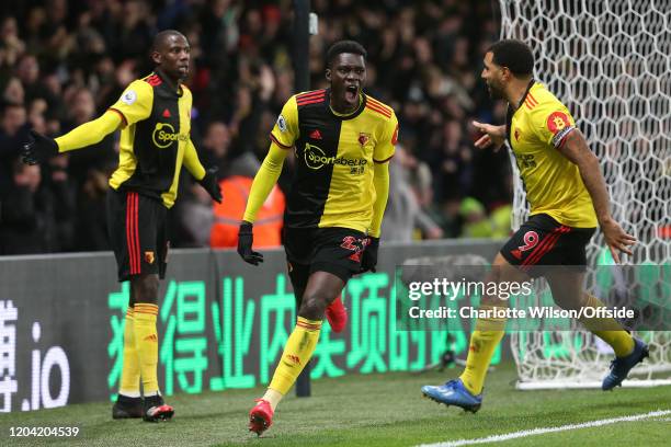 Ismaila Sarr of Watford celebrates scoring the opening goal during the Premier League match between Watford FC and Liverpool FC at Vicarage Road on...