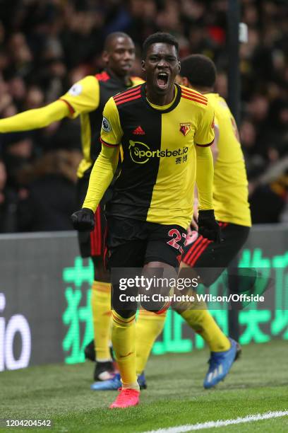 Ismaila Sarr of Watford celebrates scoring the opening goal during the Premier League match between Watford FC and Liverpool FC at Vicarage Road on...