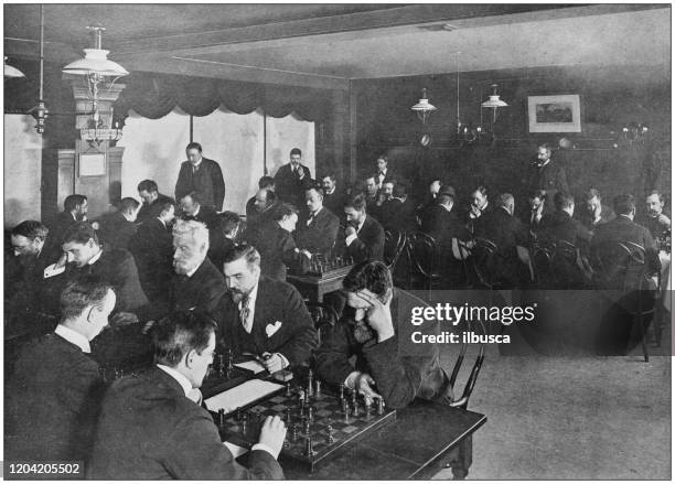 antique photograph of the british empire: chess tournament - london iconic stock illustrations