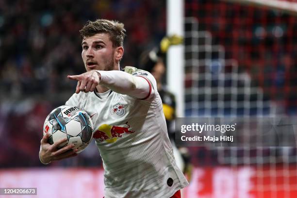 Timo Werner of RB Leipzig reacts during the Bundesliga match between RB Leipzig and Borussia Moenchengladbach at Red Bull Arena on February 01, 2020...