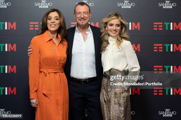 Emma D'Aquino, Amadeus, Laura Chimenti in the Press Room of the 70 Sanremo Music Festival. Sanremo , February 5th, 2020