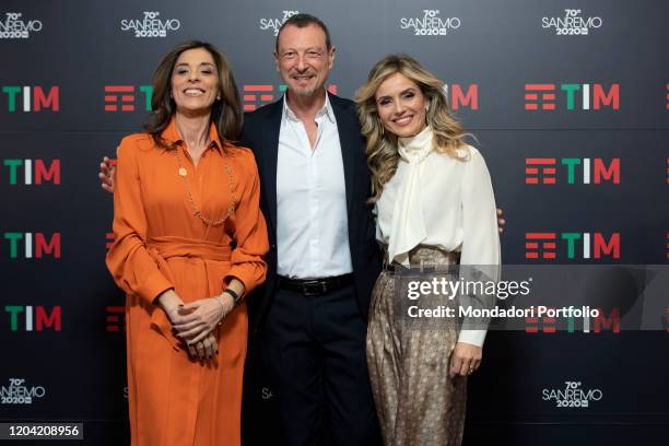 Emma D'Aquino, Amadeus, Laura Chimenti in the Press Room of the 70 Sanremo Music Festival. Sanremo , February 5th, 2020