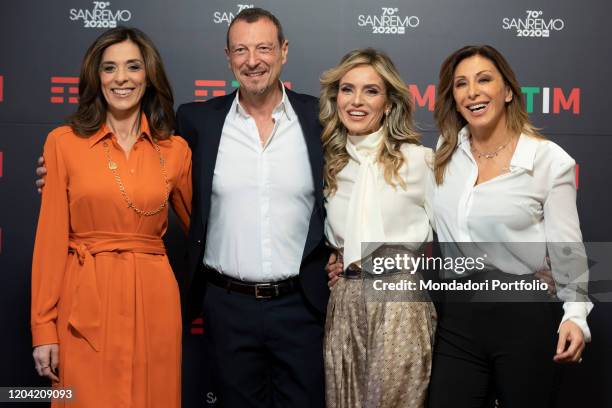 Emma D'Aquino, Amadeus, Laura Chimenti, Sabrina Salerno in the Press Room of the 70 Sanremo Music Festival. Sanremo , February 5th, 2020