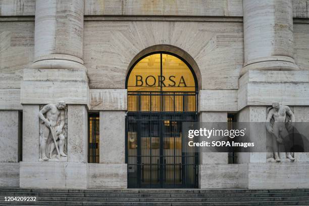 View of the Milan Stock Exchange' s entrance in Milan. Despite the modification of the regional decree ordering the closure of bars, pubs at 18.00,...