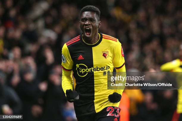 Ismaila Sarr of Watford celebrates scoring the opening goal during the Premier League match between Watford FC and Liverpool FC at Vicarage Road on...