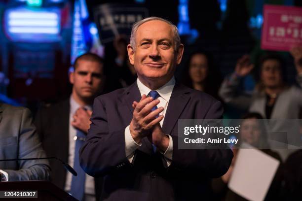 Israeli Prime Minister, Benjamin Netanyahu, greets supporters at Likud Party election rally on February 29, 2020 in Ramat Gan, Israel. In two days...