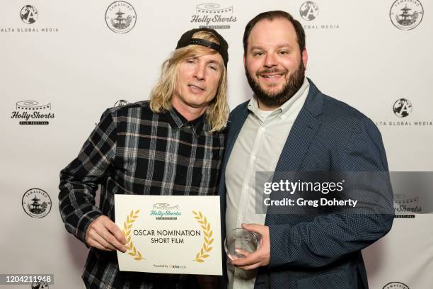 Director Bryan Buckley and producer Matt Lefebvre dsiplay their award at the HollyShorts Film Festival and Alta Globa Media Oscar Nominee Celebration...