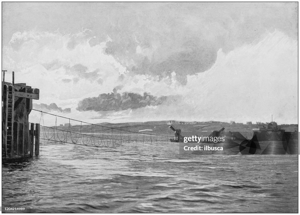 Antique photograph of the British Empire: Boom forming part of the harbour defences of Portland