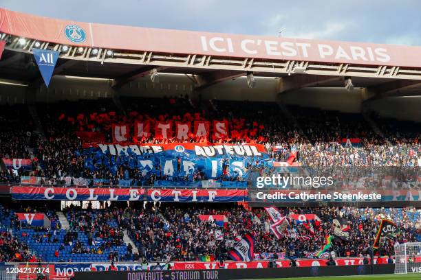 The fans of Paris Saint-Germain enjoy the atmosphere during the Ligue 1 match between Paris Saint-Germain and Dijon FCO at Parc des Princes on...