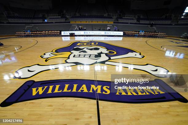 Center court logo for Williams Arena during a game between the Connecticut Huskies and the East Carolina Pirates on February 29, 2020 at Williams...