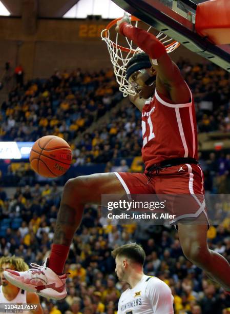 Kristian Doolittle of the Oklahoma Sooners dunks against the West Virginia Mountaineers at the WVU Coliseum on February 29, 2020 in Morgantown, West...