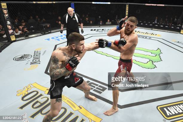 Sean Brady punches Ismail Naurdiev in their welterweight bout during the UFC Fight Night event at Chartway Arena on February 29, 2020 in Norfolk,...