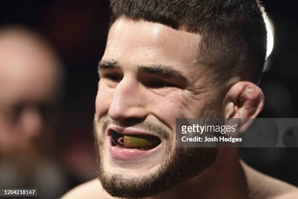 Sean Brady prepares to face Ismail Naurdiev in their welterweight bout during the UFC Fight Night event at Chartway Arena on February 29, 2020 in...