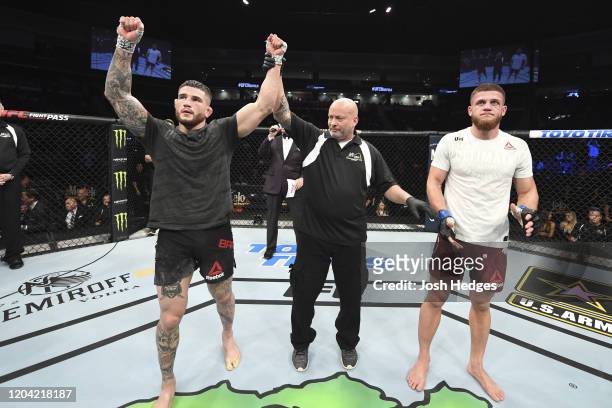 Sean Brady reacts after defeating Ismail Naurdiev in their welterweight bout during the UFC Fight Night event at Chartway Arena on February 29, 2020...