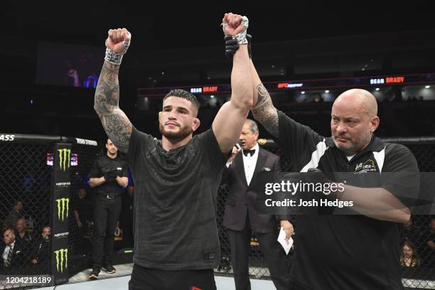 Sean Brady reacts after defeating Ismail Naurdiev in their welterweight bout during the UFC Fight Night event at Chartway Arena on February 29, 2020...